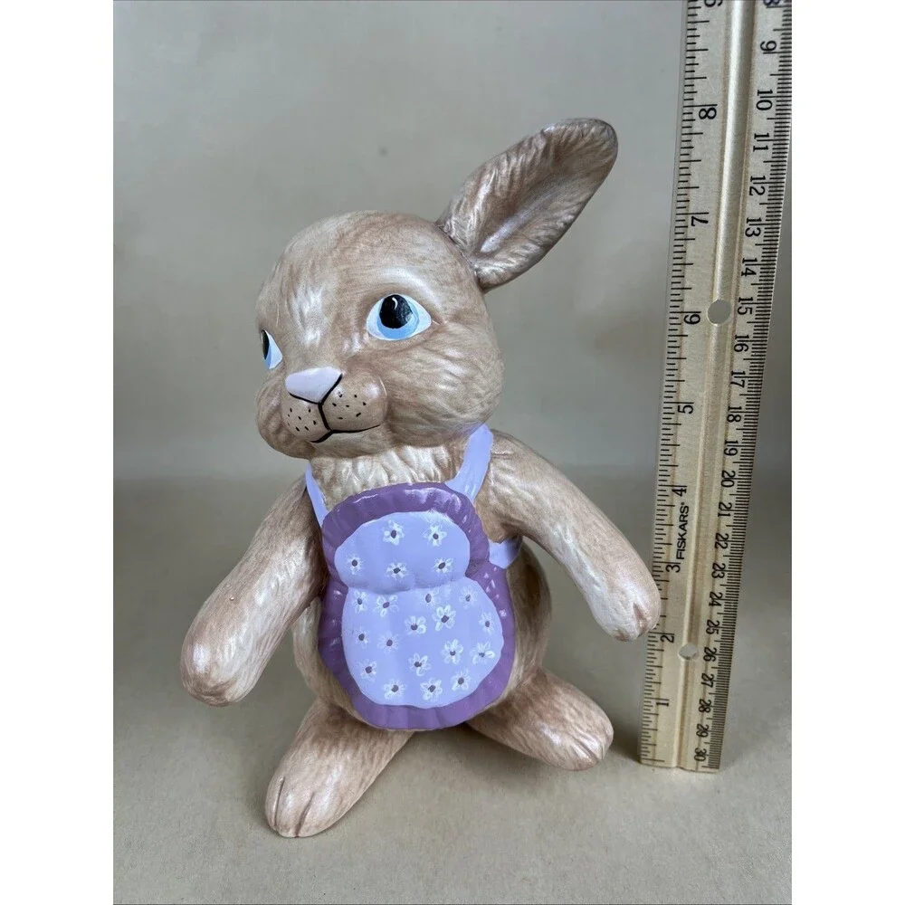 VTG Signed DAG 92 Ceramic Hand Painted Easter Bunny w/a‎ Purple Apron Rabbit 8”